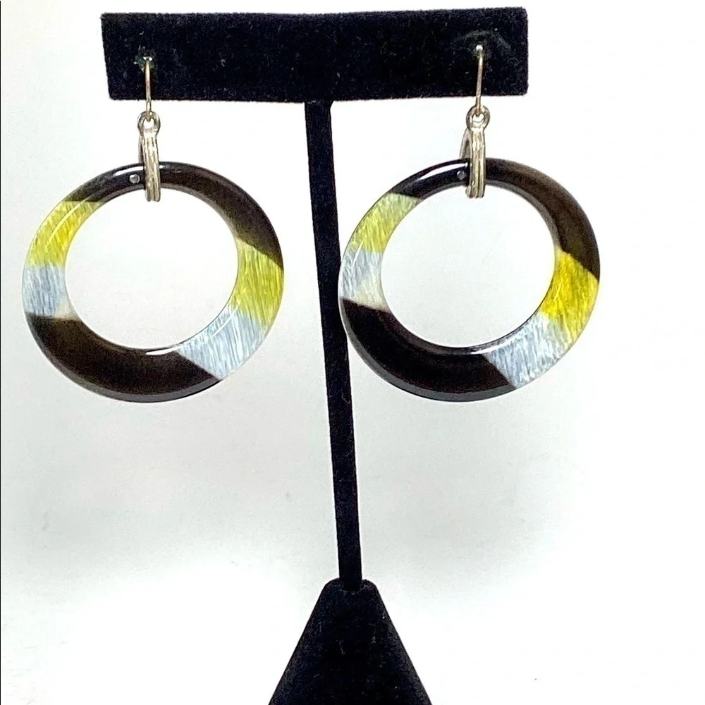 Acrylic Drop Hoop Earrings Silver Hook for Pierced Ears Black White Yellow